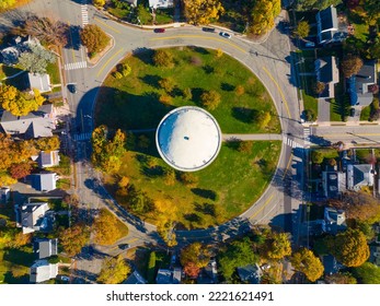 Arlington Reservoir aerial view in fall on Park Circle in town of Arlington, Massachusetts MA, USA. This water tower was built in 1920 with Classical Revival style.  - Shutterstock ID 2221621491