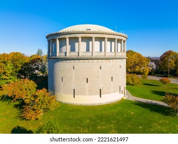 Arlington Reservoir aerial view in fall on Park Circle in town of Arlington, Massachusetts MA, USA. This water tower was built in 1920 with Classical Revival style.  - Shutterstock ID 2221621497