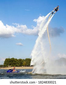 Arlington, Texas, Sept. 15-2020  Man Flying On A Jet Fly Board At Lake Arlington ,Texas 50 Feet High.