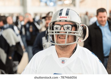 Arlington, Texas / USA - December 19, 2015: Strange Dallas Cowboys Fan Wearing A Helmet, Sunglasses And Bad Teeth Outside AT&T Stadium In Arlington, TX