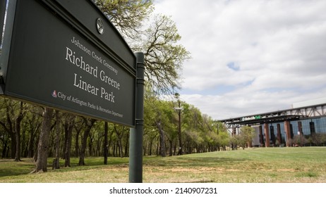 Arlington, TX - March 30, 2022: Richard Greene Linear Park Near Texas Rangers' Globe Life Field