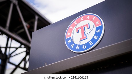 Arlington, TX - March 30, 2022: MLB Baseball Texas Rangers' Logo At Globe Life Field