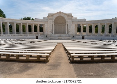 Arlington, VA -2022: Memorial Amphitheater At Arlington National Cemetery. Marble Structure, Semi-elliptical Theater, With Colonnaded Arcade, Semi-oval Two Tier Stage. No People. 