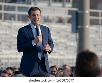 Arlington, VA - February 23, 2020: Mayor Pete Buttigieg Speaks To A Crowd Of Almost 10,000 People During A Campaign Rally On The Football Field At Washington Liberty High School In Arlington, Virginia