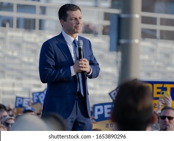 Arlington, VA - February 23, 2020: Mayor Pete Buttigieg Speaks To A Crowd Of Almost 10,000 People During A Campaign Rally On The Football Field At Washington Liberty High School In Arlington, Virginia