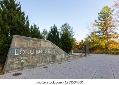 ARLINGTON, V.A. - NOVEMBER 17 2018: Entrance to Long Bridge Park in Crystal City, a public park for airplane watching, enjoying the DC skyline, playing sports, picnicing, walking, jogging, and cycling