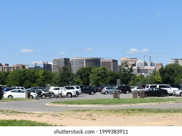 Arlington, VA, USA - June 28, 2021: Skyline Of Downtown Arlington, VA, As Viewed From The Parking Lot At Gravelly Point Park.