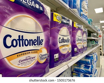 ARLINGTON, VA, USA - SEPTEMBER 15, 2019: COTTONELLE Product At Display Case Shelf Aisle. Cottonelle Is A Brand Of Toilet Paper Manufactured By Kimberly Clark Corporation. 