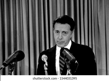 Arlington Virginia, USA, January 31, 1984. 
Secretary Of Defense Caspar Weinberger Responds To Questions From Reporters During A Budget News Conference In The Pentagon Briefing Room