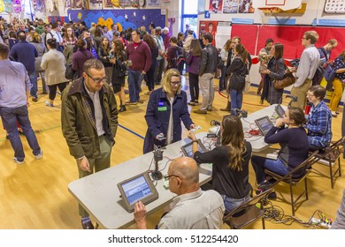 ARLINGTON, VIRGINIA, USA - NOVEMBER 8, 2016: Voters Waiting In Long Lines Mid-morning On Presidential Election Day.