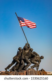 ARLINGTON, VIRGINIA, USA - OCTOBER 11, 2019: U.S. Marine Corps War Memorial, Iwo Jima Flag Raising.