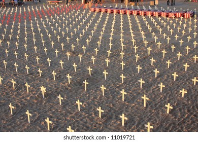 Arlington West, crosses in the sand at sunset, next to the Santa Monica Pier in Southern California - Powered by Shutterstock