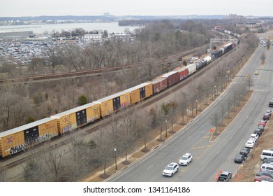 Arlington,VA/USA March 9,2019:  Arlington Skyline That Shows Various Forms Of Transportation, Planes,Trains And Automobiles.