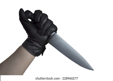 An Arm With Black Leather Gloves Holding A Large Knife