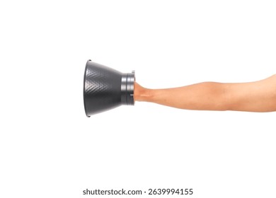 Arm gripping a professional photography snoot on white seamless background,studio equipment