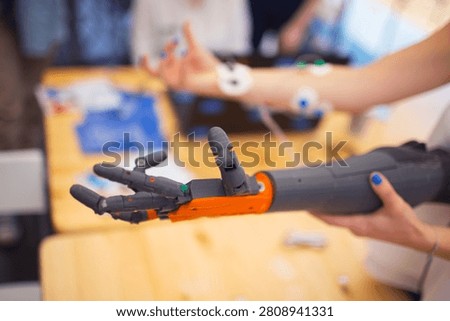 Arm hand prosthesis. Bionic sensor artificial organ medical replace. Science.