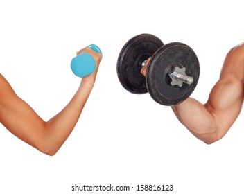 Arm Of Man And Woman Lifting Weights Isolated On A White Background