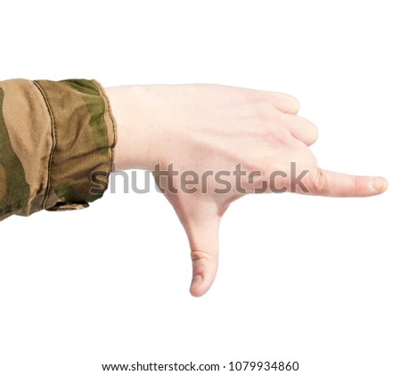 Arm in military camouflage uniform in the shape of a square, hand-frame. Isolated on white