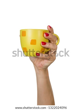 arm raised hold a cup of coffee or tea