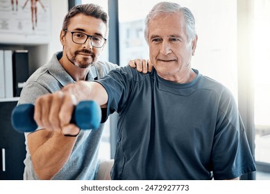 Arm weight, senior man and physiotherapy with healthcare, wellness and client assessment at doctor. Consultation, rehabilitation and exercise from physical therapy and recovery of patient with care - Powered by Shutterstock