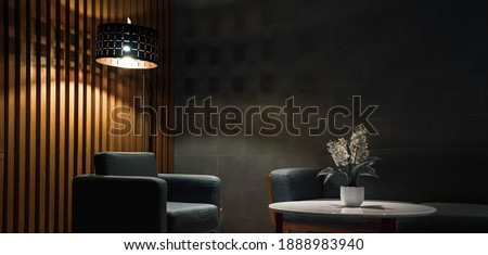Armchairs and coffee table in classic black interior.