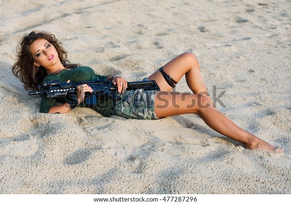 Armed Beautiful Young Woman Camouflage Rifle Stock Photo Edit Now