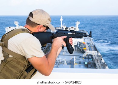 Armed Guard On Board Sea Going Vessel In Aden Gulf