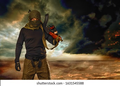 Armed Masked Soldier In A Desert. Guerrilla Warfare Concept.