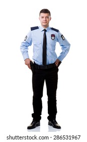 Armed Security Guard Posing Isolated On White Background.