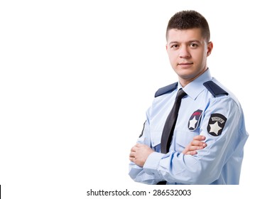 Armed Security Guard Posing Isolated On White Background.