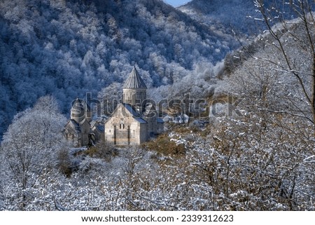 Armenia, Hagartsin monastery (13-th century) at Dilijan natural park, november first snow