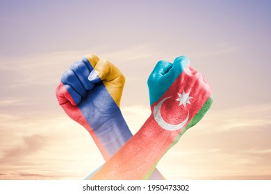 Armenia Vs Azerbaijan War, Country Flags And Fist
