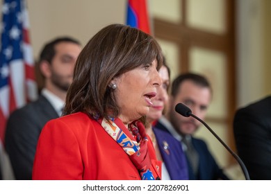 ARMENIA, YEREVAN: 18 Sep. 2022 U.S. Representative Jackie Speier  During A Briefing After The Meeting Of U.S. House Speaker Nancy Pelosi With Armenian National Assembly Speaker Alen Simonyan