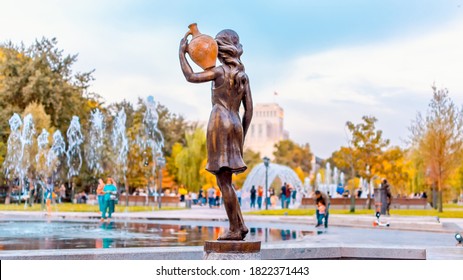 Armenia, Yerevan, 21 September 2020 : A sculpture of a girl with a jug in the park dedicated to the 2800th anniversary of Yerevan. Rear view