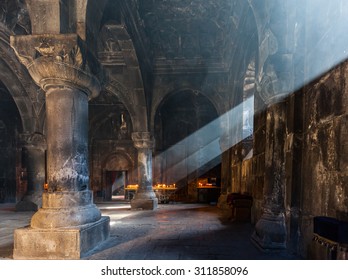 Armenian apostolic church. Light falling from the window inside the Geghard monastery