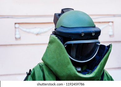 Armor Costume Consisting Of A Steel Helmet. Suit With Ceramic Plates And Kevlar. Concept  Demining Of Objects.