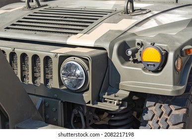 Armored army car front view. Military equipment and ammunition