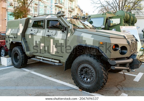 Armored car NOVATOR of the Ukrainian army.\
Exhibition of military equipment in Kiev. Modern military\
technology. Ukraine. Kiev. October 15,\
2021