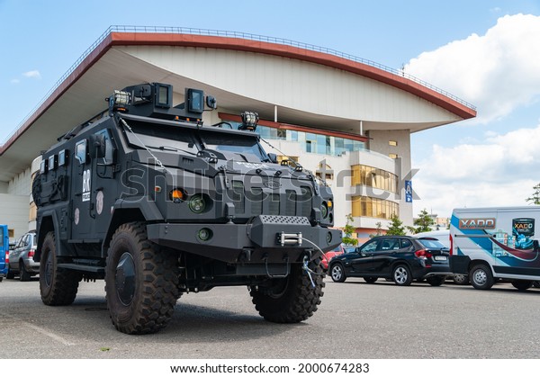 Armored car. Police armored car of the\
VARTA brand at the international exhibition ARMS AND SECURITY -\
2021. Selective focus. Kiev. Ukraine - June 18,\
2021.