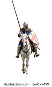 Armoured knight on white warhorse isolated on white