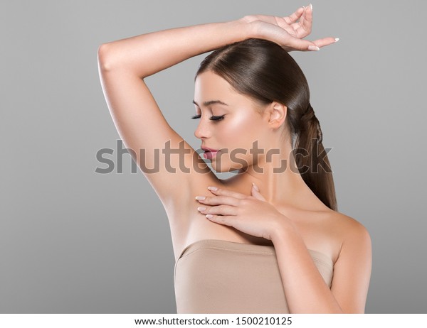 Armpit woman healthy skin depilation concept woman hand\
up 
