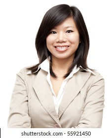 Arms Crossed Asian Educational / Business Woman On White Background