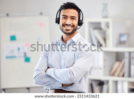 Arms crossed, portrait or happy man in call center tech support consulting, speaking or talking in telemarketing. Communication, face or friendly consultant smiling in telecom sales with microphone