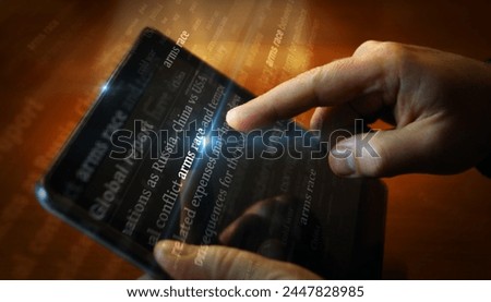 Arms race and military armaments conflict social media on display. Searching on tablet, pad, phone or smartphone screen in hand. Abstract concept of news titles 3d illustration.