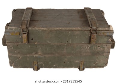 Army ammunition wooden crate Text in russian - type of ammunition, projectile caliber, projectile type, number of pieces and weight. Isolated on white background.