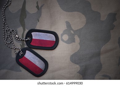 Army Blank, Dog Tag With Flag Of Poland On The Khaki Texture Background. Military Concept