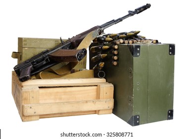 army box of ammunition with AK rifle and ammunition isolated