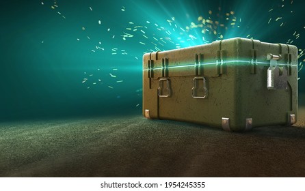 Army Box With Loot Boxes And Glow Inside. Text Box. 3d Rendering