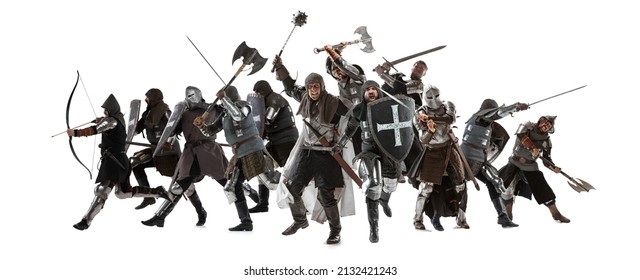 Army. Brave Armored Knights With War Weapon Fighting Together With Enemy Isolated On White Background. Historical Reconstruction Of Native Fight Of Warriors. Concept Of History, Eras Comparison.