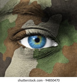 Army Camouflage On Human Face
